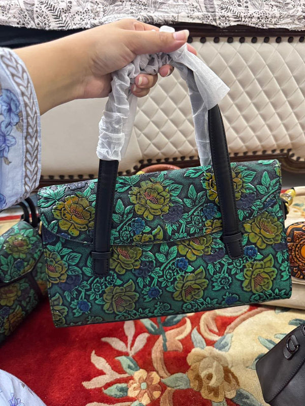 Green Floral vintage handbag  (Tote style)