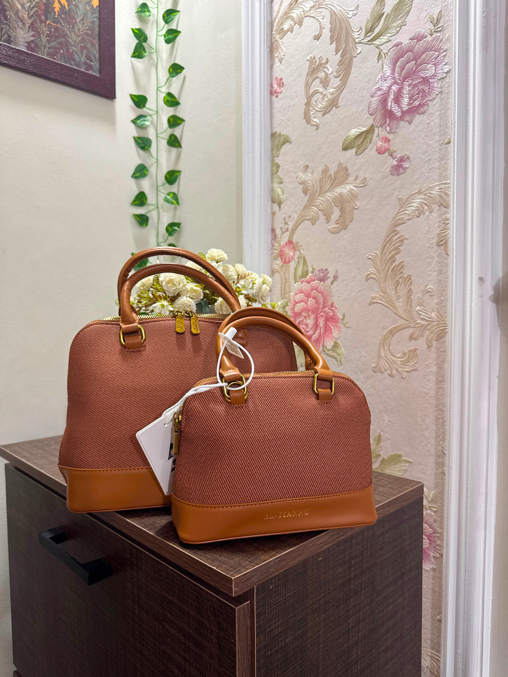 Textured Fabric Handbag | Chestnut Brown