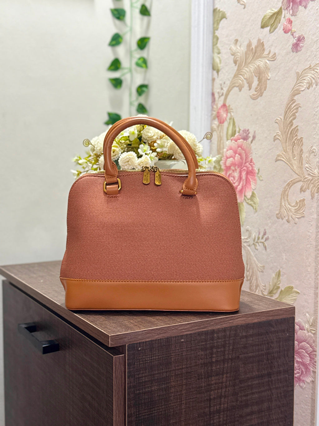 Textured Fabric Handbag | Chestnut Brown